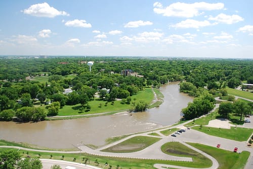 Aerial photo of curve in Red River of the North near city